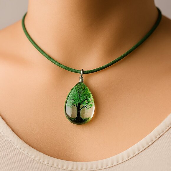 Teardrop Tree Pendant Necklace – Green Leaf Floral Resin Jewelry on a Green Cord - Picture 1 of 8